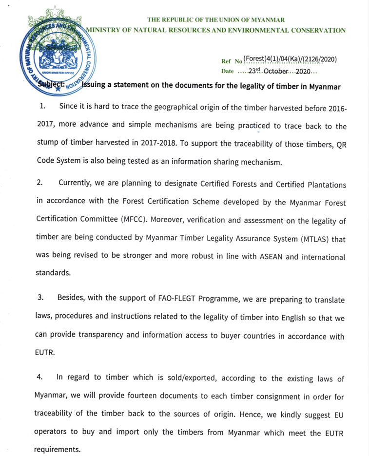 Statement on the documents for the legality of timber in Myanmar